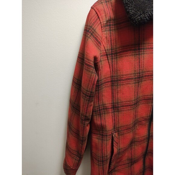 Red Buffalo Check Pendleton Lafayette  Wool  Coat Shearling Collar Womens  L - Picture 7 of 16